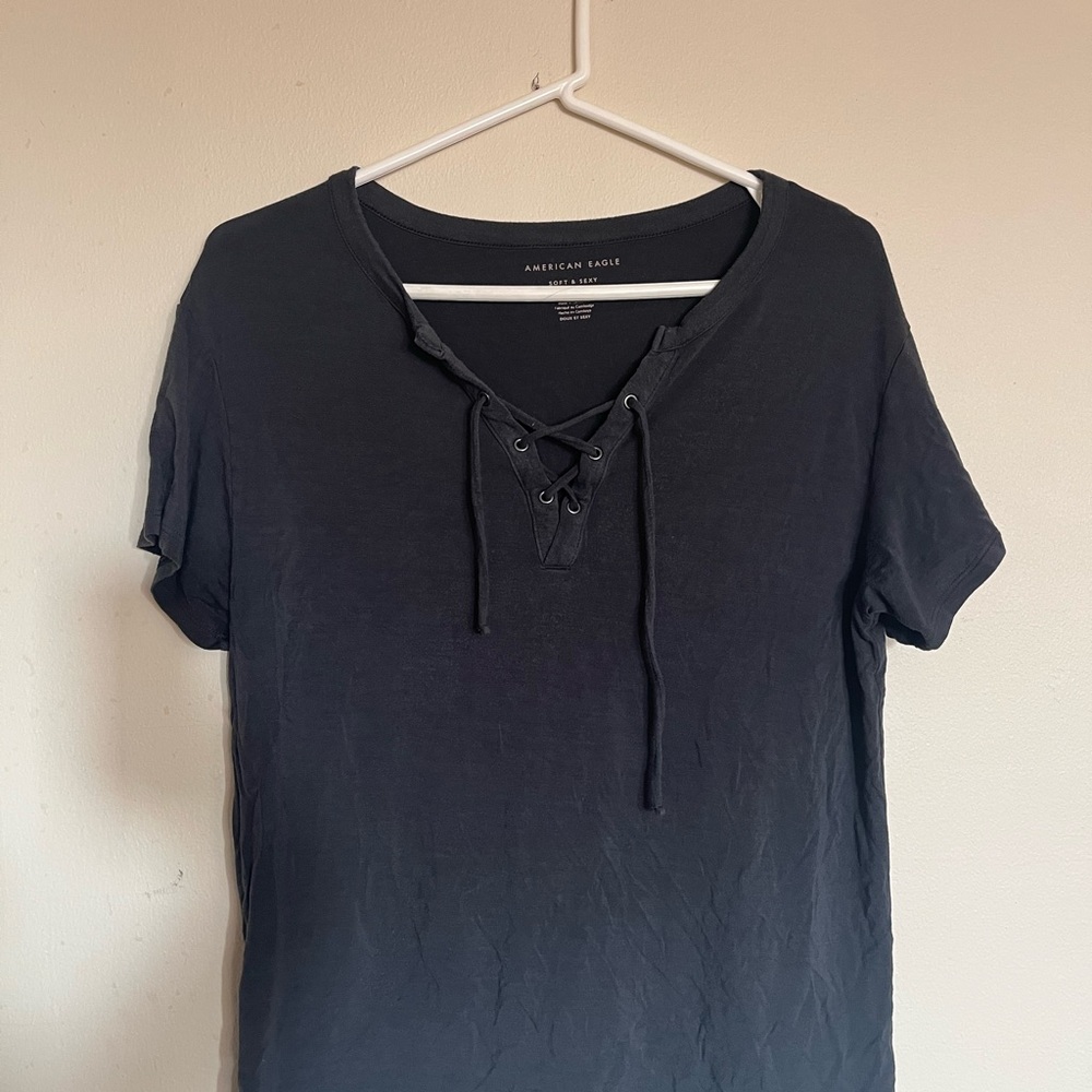 American Eagle Outfitters Charcoal Lace-Up Tee